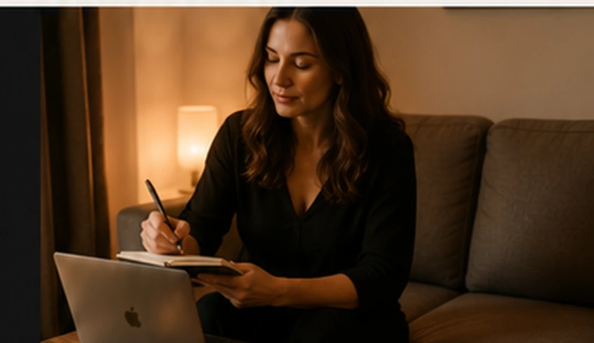 Mulher organizando ideias e planejamento em um caderno
